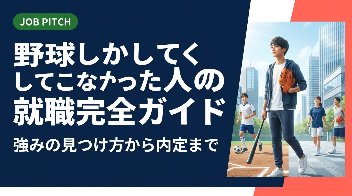 野球しかしてこなかったから就職が不安、という方へ。競技経験で培った強みの言語化・業界選び・面接対策まで、元独立リーグ選手が運営するJOB PITCHが実務的に解説します。