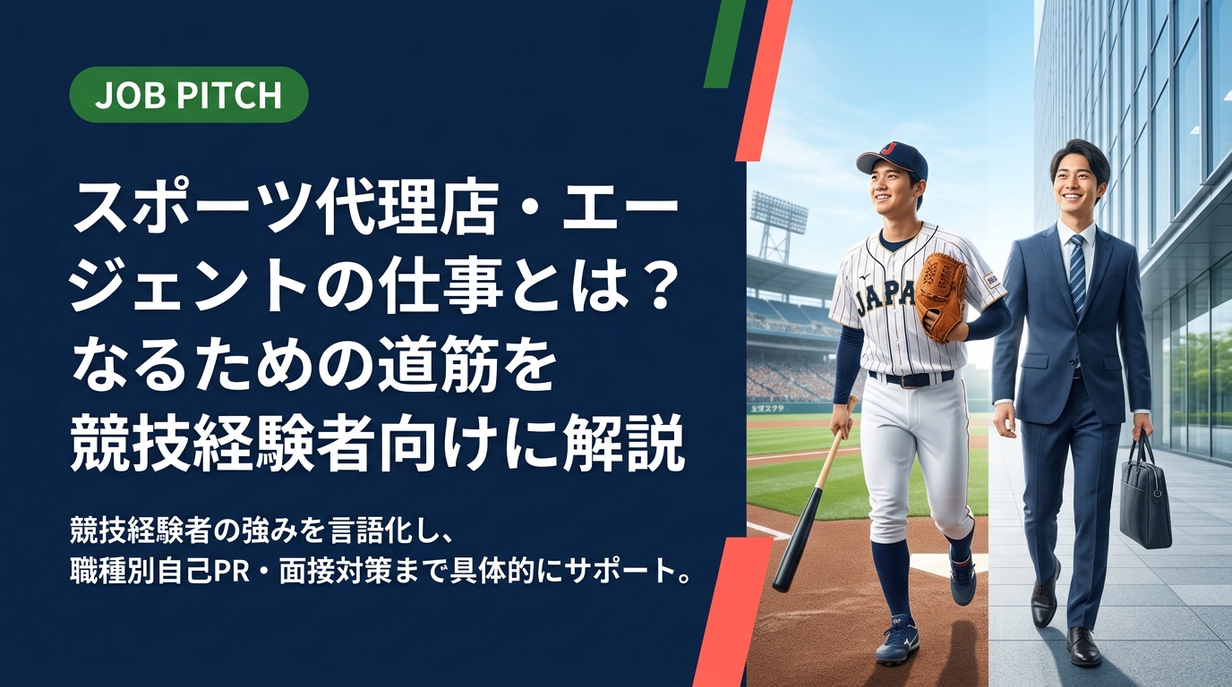 スポーツ代理店・エージェントの仕事内容やなる方法を、競技経験者の強みの言語化まで含めて具体的に解説。職種別の自己PR例文や面接での伝え方も紹介します。