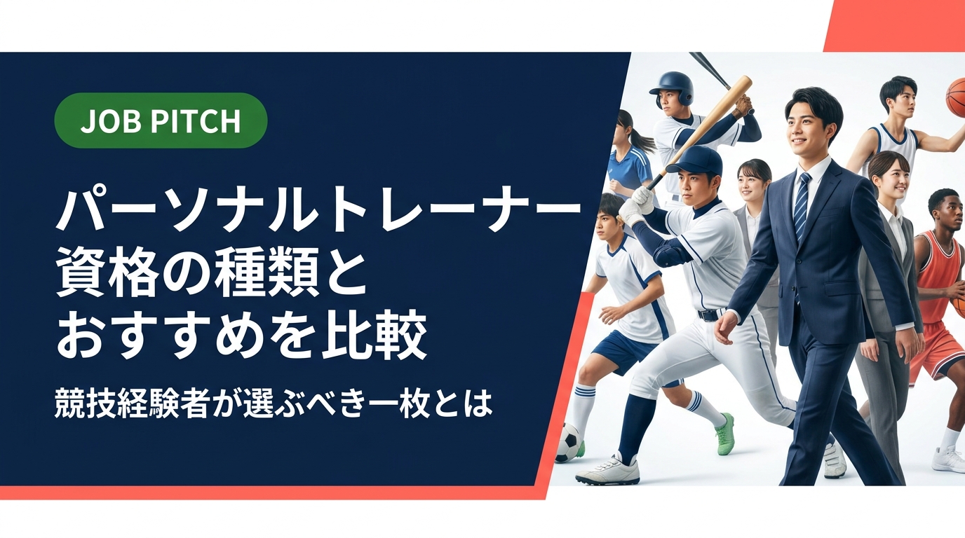パーソナルトレーナー資格の種類・おすすめを競技経験者向けに徹底比較。NSCA・NESTA・JATIなど主要資格の特徴・費用・難易度を実務的に解説。セカンドキャリア支援のJOB PITCHが無料相談も受付中。