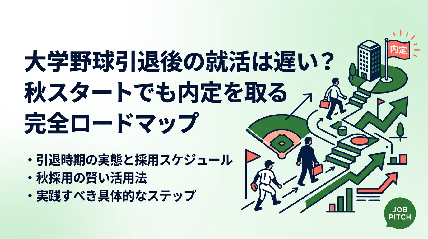 大学4年秋に野球部を引退してから就活を始めても内定は十分狙えます。引退時期の実態・採用スケジュールとのズレ・秋採用の活用法まで、体育会野球部員が実践すべきステップを具体的に解説します。