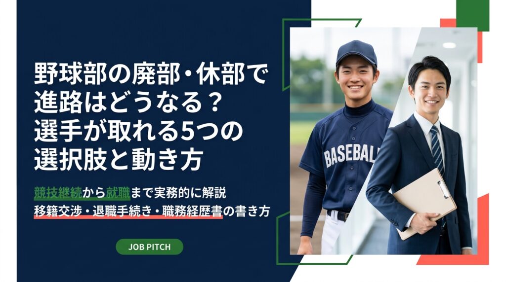 社会人野球部や大学野球部の廃部・休部が決まったとき、選手が取れる進路は競技継続と就職の5パターンに整理できます。移籍交渉の進め方、退職・転籍時の確認事項、企業への伝え方や職務経歴書の書き方まで実務的に解説します。
