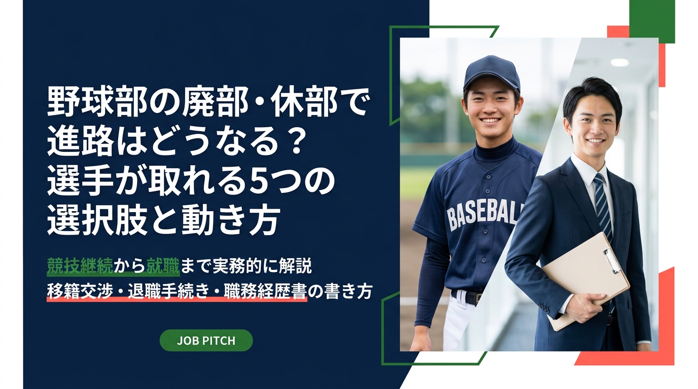 社会人野球部や大学野球部の廃部・休部が決まったとき、選手が取れる進路は競技継続と就職の5パターンに整理できます。移籍交渉の進め方、退職・転籍時の確認事項、企業への伝え方や職務経歴書の書き方まで実務的に解説します。