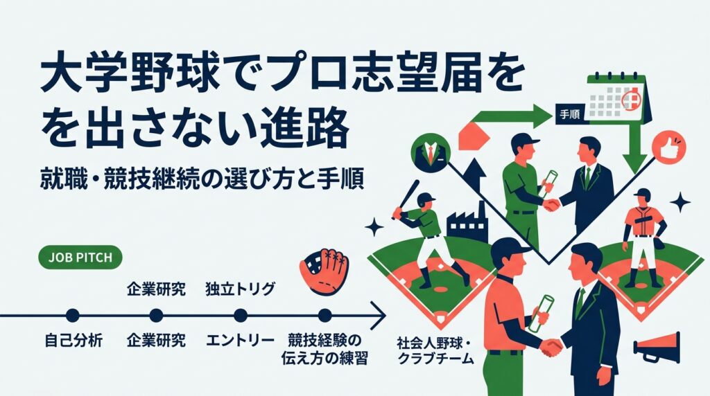 大学野球でプロ志望届を出さない選択をした4年生とご家族へ。就職・社会人野球・クラブチーム・独立リーグなど進路の全体像、締切から逆算した動き方、就活での競技経験の伝え方を具体的に解説します。