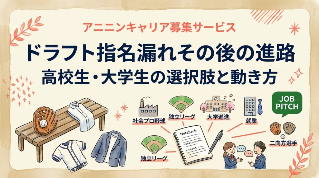 ドラフトで指名漏れした後の進路は主に6つ。社会人野球・独立リーグ・大学進学・就職・二刀流など、高校生と大学生それぞれの現実的な選択肢と、指名漏れ直後にやるべき手順を当事者目線で具体的に解説します。