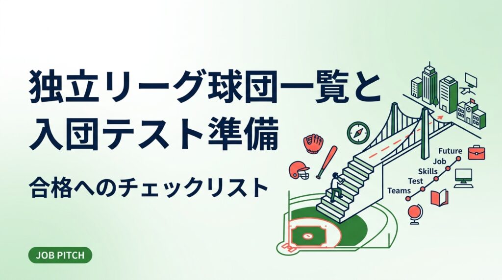 日本の独立リーグ球団一覧と入団テスト（トライアウト）の内容、応募から合格までの準備手順を実務的に解説。費用や年俸の目安、野球以外の収入設計、引退後のセカンドキャリアまでJOB PITCHが伴走目線で整理します。