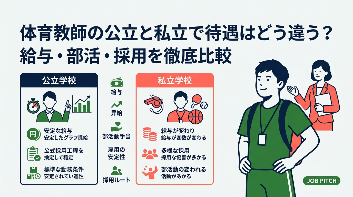 体育教師を目指すなら知っておきたい公立と私立の待遇の違いを、給与・昇給・部活動手当・雇用の安定性・採用ルートの5軸で比較。現職からの進路変更やスポーツ経験を活かす選択肢まで、実務目線で解説します。