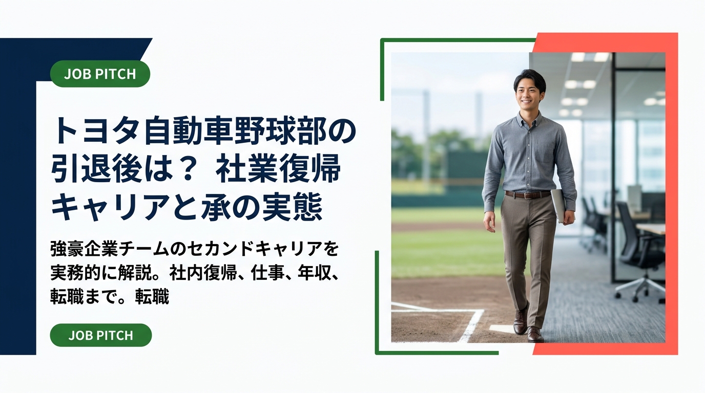 トヨタ自動車硬式野球部など強豪企業チームの引退後キャリアを解説。社業への復帰の流れ、任される仕事、年収の目安、社外転職という選択肢まで、現役選手と入団希望者向けに実務的に整理します。