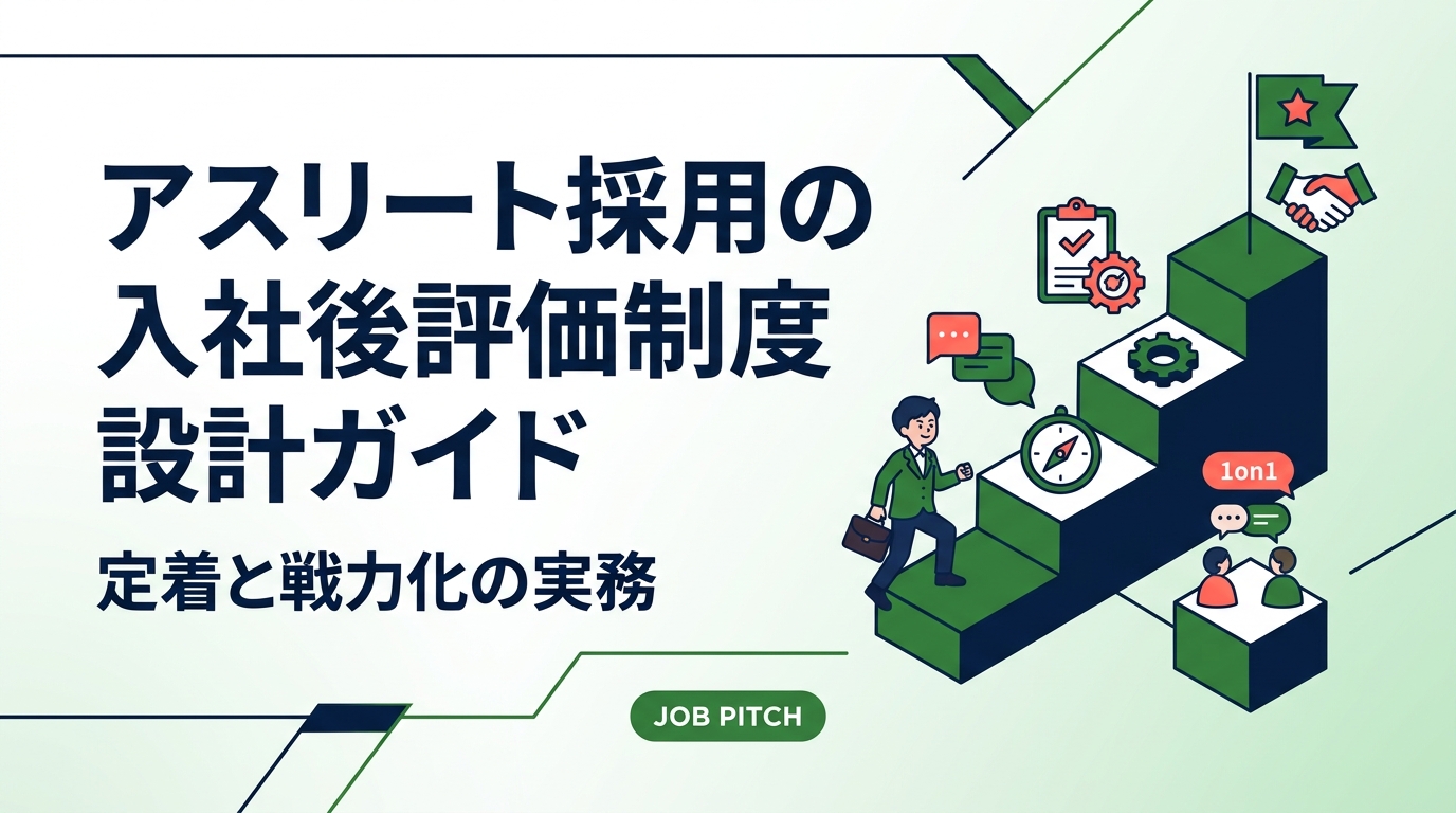 アスリート採用で入社後に伸び悩む・早期離職する原因は評価制度の設計にあります。競技経験を仕事の成果に翻訳する評価指標、オンボーディング設計、1on1と面談の進め方、よくある失敗例まで人事・経営者向けに実務的に解説します。