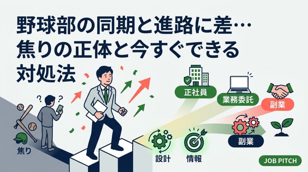 同期がプロや大企業へ進み、自分の進路に焦る。その焦りは能力差ではなく「情報と設計の差」です。比較をやめる考え方から、今日から動ける具体的な手順、正社員・業務委託・副業の選び方まで解説します。
