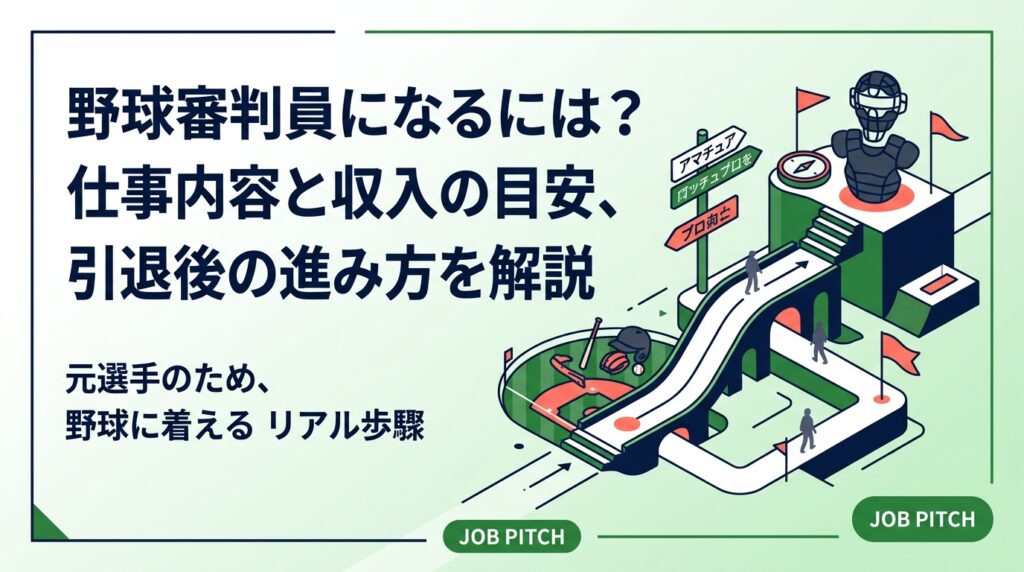 野球の審判員になるには何が必要か、仕事内容と収入の目安、アマチュアからプロ審判までのルートを整理。元選手が引退後に審判として野球に関わり続けるための現実的な進め方と、両立のコツを解説します。