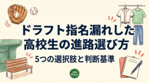 ドラフトで指名漏れした高校生とその保護者へ。大学・社会人・独立リーグ・育成テスト・就職という5つの進路を、費用・競技継続年数・次のキャリアまで踏まえて比較。後悔しない選び方の判断軸と、今すぐできる行動手順を解説します。