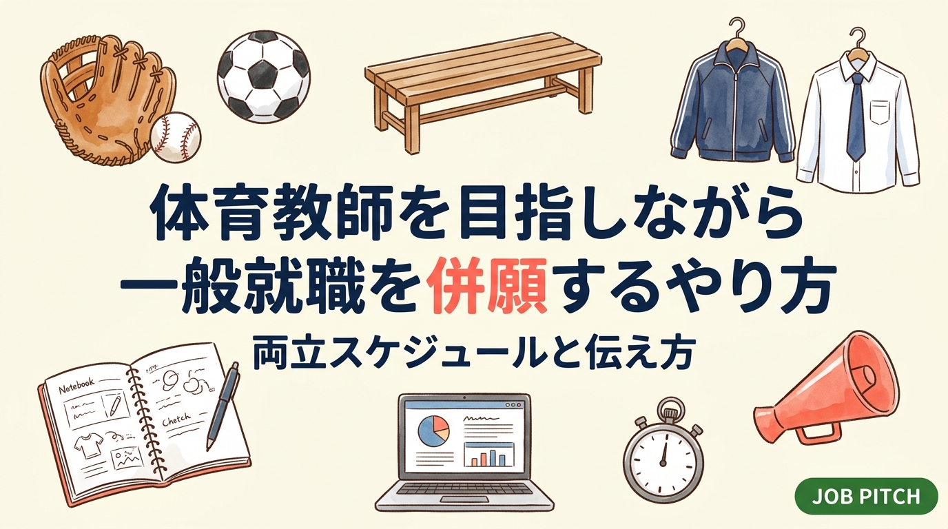 保健体育教員を志望しながら一般就職も併願したい大学体育会生・再挑戦者向けに、併願の全体像、年間スケジュール、企業への伝え方、講師登録との組み合わせ、資金面まで実務的に解説します。