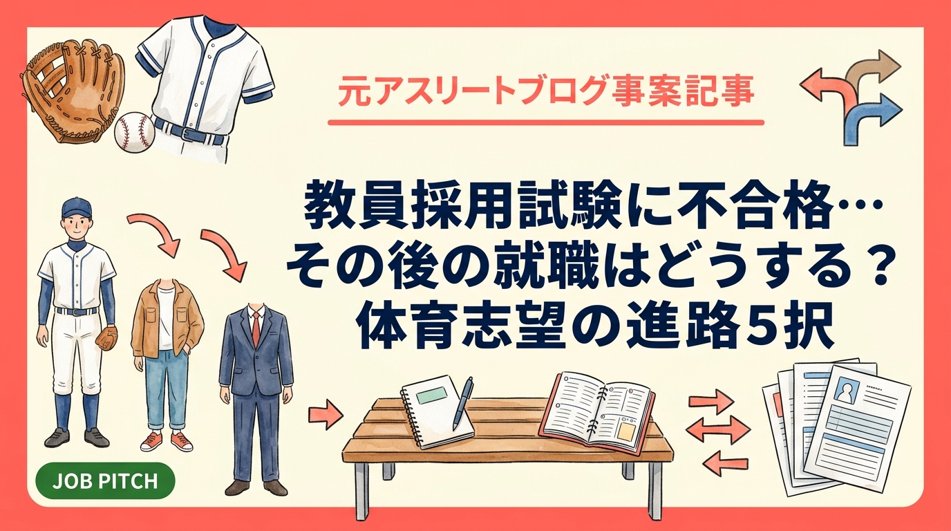 教員採用試験に落ちた後の進路は「講師」「再受験」「一般就職」の3軸で整理できます。体育・保健体育志望の若手に向け、その後の就職先の選び方、9月以降の動き方、職務経歴書の書き方まで具体的に解説します。