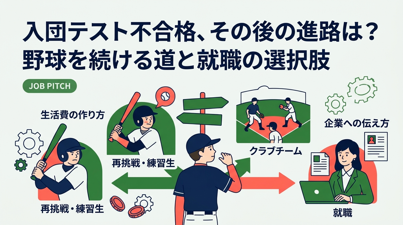 独立リーグや社会人野球の入団テストに落ちた後、進路はどう決める?再挑戦・練習生・クラブチーム・就職という4つの選択肢を整理し、今日からの動き方、生活費の作り方、企業への伝え方まで具体的に解説します。